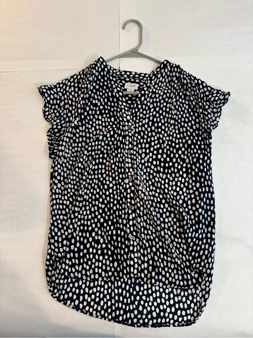 J. Crew Black Blouse with White Dot Print and Cap Sleeves